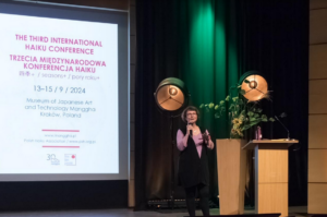 Roberta Beary speaking on stage